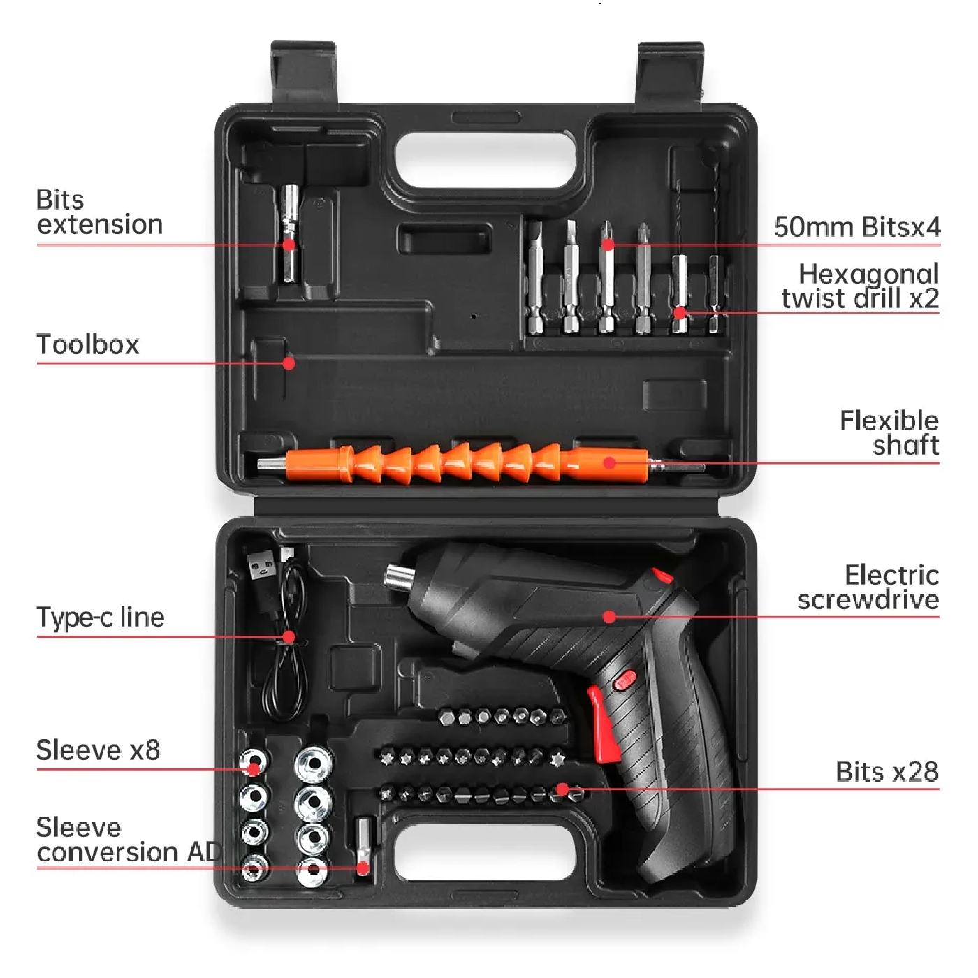 DESTORNILLADOR/TALADRO ELÉCTRICO INALÁMBRICO + KIT 46 ACCESORIOS