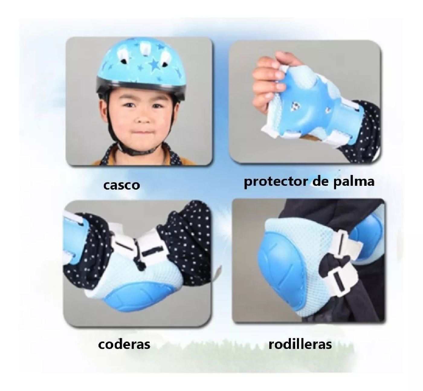 KIT PROTECCIÓN NIÑOS CASCO, RODILLERAS, GUANTES, CODERAS